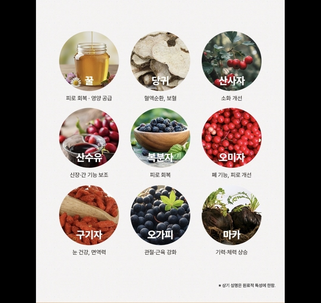부재료 — 꿀, 당귀, 산사자, 산수유, 복분자, 오미자, 구기자, 오가피, 마카